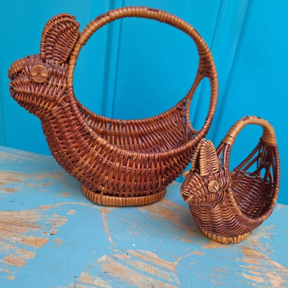 2 Vintage Wicker Basket Art Bunny Rabbit Woven Basket Animal Boho Easter Decor - Picture 12 of 16